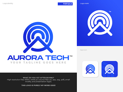 AURORA TECH LOGO - LOGO FOR SALE branding design futuristic logo graphic design internet letter a letter o letter u logo technology vector wifi