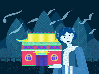 Chinese traditional house and the ghost from the woods china chinese chinese architecture chinese culture ghost illustration vector