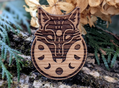 Wooden Wolf Pins art canadian collectible design illustration laser cut moon pin vector wolf wood