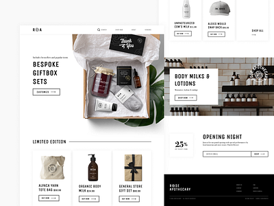 Rose Apothecary E-commerce Site (Schitt's Creek) boutique branding ecommerce giftbox minimal packaging design store vintage web design