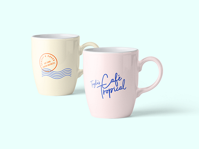 Tropical Mug Designs (Schitt's Creek) brand identity cafe mockups mug design muted colors packagingdesign pastels restaurant retro tropical