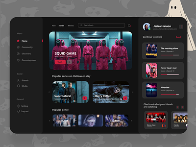 Dashboard Design for Series / Dark mode app dashboard movie online series squidgame ui ux
