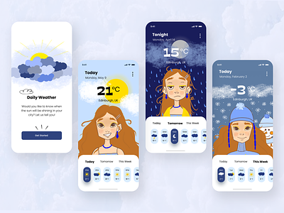 Weather App app design digitalpainting girl illustration mobile rain snow sun ui ux weather