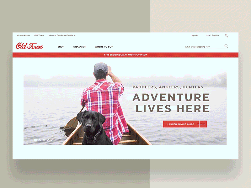 Old Town Homepage 2018 canoe design home kayak motion old outdoors town ui ux website
