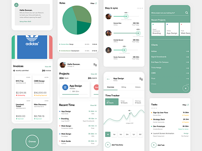 Remote Working App app concept colors cronos dashboad green icon infographic elements interaction interface minimal app design mobile product profile remote working search sketch time tracker typography ui ux design vector