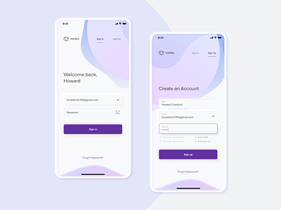 Sign In / Sign Up UI app color dailyui 001 form ios iphone login mindful minimal mobile neumorphic purple gradient register sign in sign up ui ux