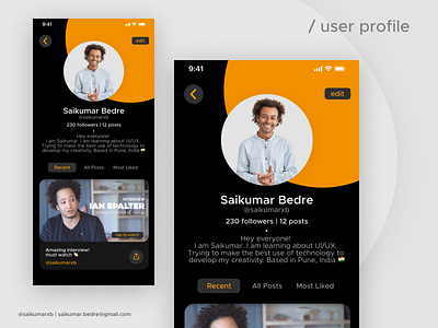 User Profile UI Design ( Dark Mode ) | Saikumar Bedre graphic design ui