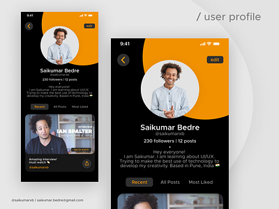 User Profile UI Design ( Dark Mode ) | Saikumar Bedre