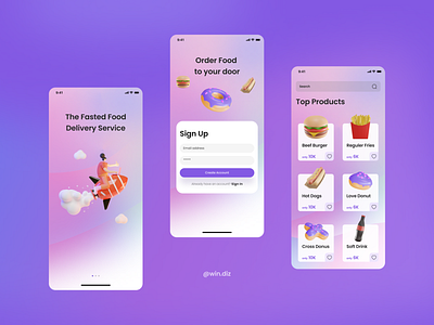 Food Delivery 3dmodelling figma food gradient mobile mobileapp purple ui uiux ux