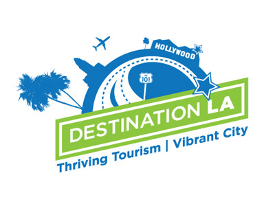 Destination LA Logo airplane branding highway hollywood hospitality identity illustrator la logo los angeles palm trees plane road star street tourism