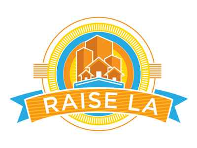 Raise LA Logo badge blue buildings houses logo orange ribbon seal