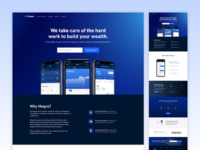 Maqro Website blue finance fintech gradient homepage invest landing page mobile app stock trading website