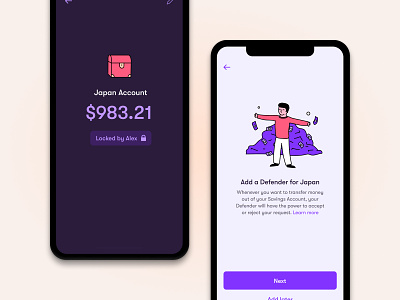 Wildcard - Savings Defender Feature app clean dark mode defender finance illustration minimal mobile money purple savings ui
