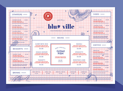 Menú Blue Ville branding design editorial
