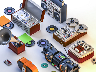 All players of the 20th and 19th century. boombox cassette cassette player gramophone isometry old record recorder render turntable