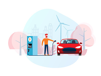 Electric car (illustration for the site) 2d branding car auto design electric gas station illustration infographics supercharger tesla ui vector