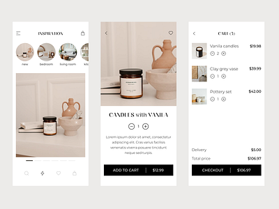 Home accessories mobile app – Concept app cart furniture home mobile online store product cart store ui ux