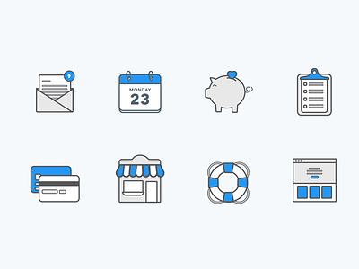 Feature Icons calendar clipboard donations features icons illustration mail payments pig shop support vector
