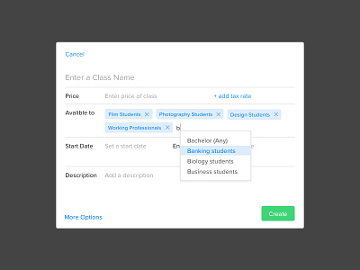 Create a Class app create dropdown form interface modal multi select student tags ui web