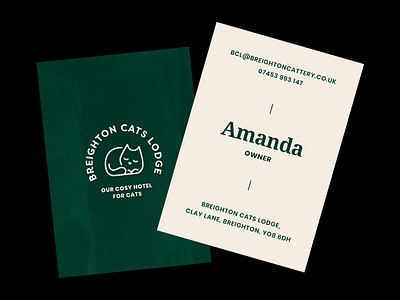 Cat Lodge Business Cards badge brand brand assets brand identity business cards cat cat illustration cream green hotel lodge print design roll out serif sleeping cat typography
