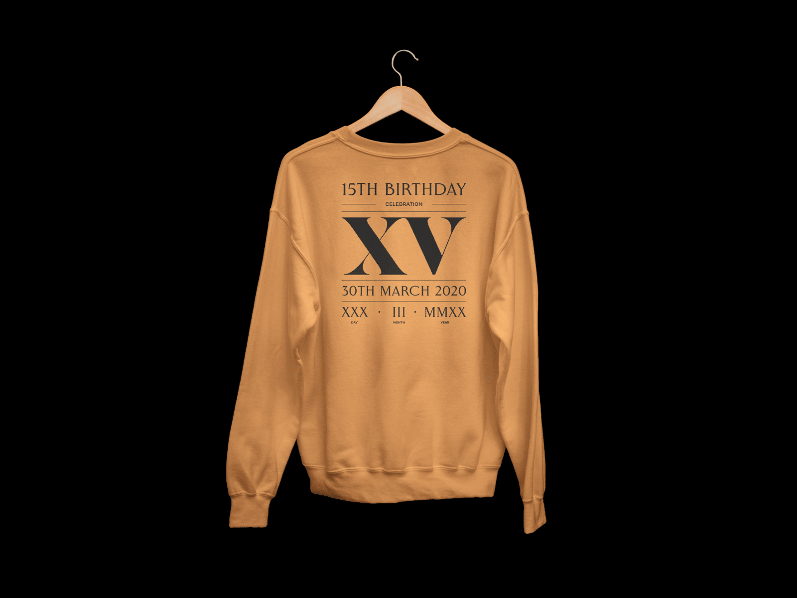 Roman numeral 15th birthday typographic layout - Jumper 15th birthday black brand brand identity branding cream design jumper logo manchester merchandise mockup mustard orange roman roman numeral sports sweatshirt typography xv