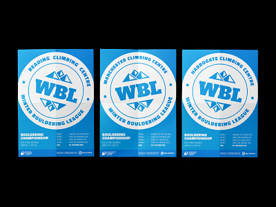 Winter Bouldering League climbing competition posters badge bouldering brand brand identity championship climbing centre climbing competition event logo mountains poster poster set rock climbing sports event typography white and blue winter