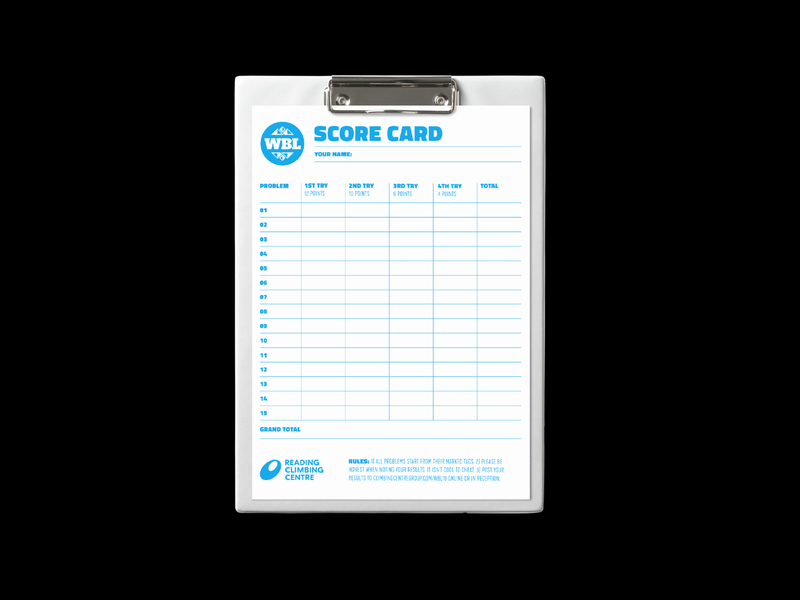 Winter Bouldering League climbing competition scorecards badge brand climbing competition event icon layout logo mockup mountains print print design rock climbing score card sports competition sports event typography white and blue