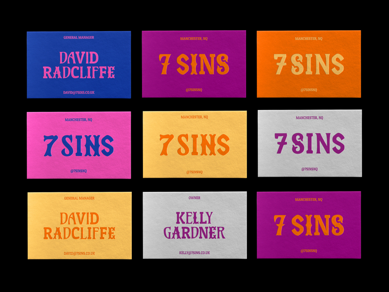 7 Sins bar & restaurant colour exploration bar branding blue brand brand identity branding business cards design logo manchester mockup multi coloured orange pink purple restaurant brand seven deadly sins seven sins stationary typography yellow