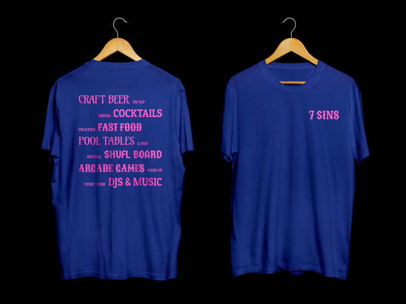 7 Sins bar & restaurant staff tshirts bar branding brand brand identity carnival dark carnival logo mixed typograpghy nightlife restaurant brand seven deadly sins seven sins staff tshirt t shirt t shirt mockup typography uniform