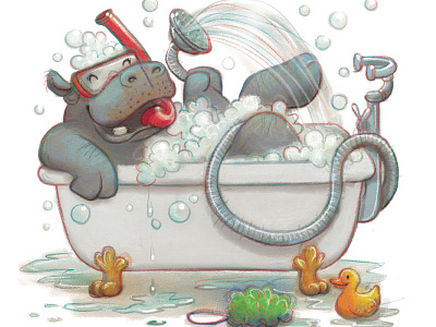 Hippo Bubble Bath childrens illustration hippo pastel