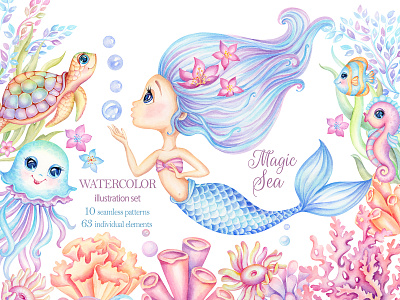 Watercolor Magic Sea, Mermaids and sea creatures for nursery baby shower design illustration mermaid nursery print pattern sea watercolor