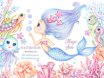 Watercolor Magic Sea, Mermaids and sea creatures for nursery