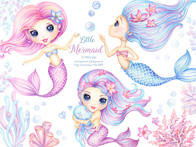 Little Mermaid watercolor clipart baby shower design illust illustration magical sea mermaid nursery print sea watercolor clipart