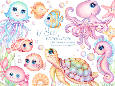 Sea animals clipart, Little friends of Mermaid baby shower illustration magical sea nursery print sea animals starfish watercolor clipart