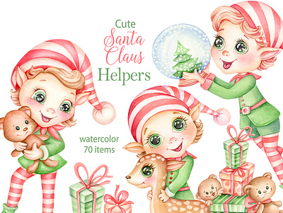 Christmas Elf Watercolor Clipart baby shower christmas design illustration nursery print