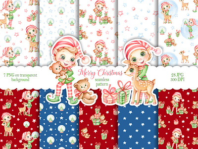Christmas Elf Watercolor Patterns baby shower design illustration nursery print