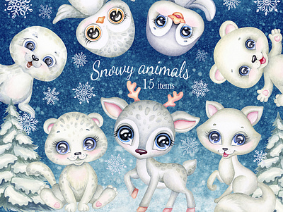 Cute winter animals clipart baby shower illustration nursery print