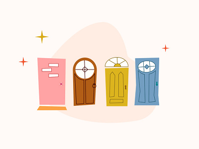 Please Nock doors house illustration mid century vector