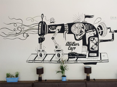 the Atelier & Cafe atelier cafe coffee illustration machine mural semak sewing