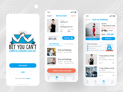 Bet you can't account anroid app appdesign bet beta bettina betting cash cashout challange excersice ios app login play push up signin signup screen support ux ui video