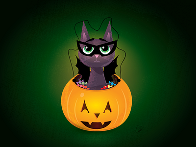 Stowaway bat candy cartoon cat cute halloween illustration pumpkin