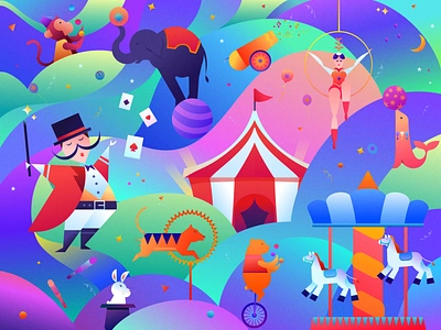 Circus 404 animal circus clown dance elephant empty state happy horse illustration monkey rabbit rainbow tiger vector website