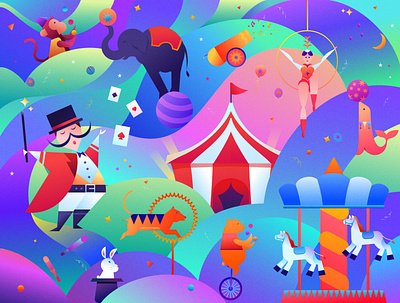 Circus 404 animal circus clown dance elephant empty state happy horse illustration monkey rabbit rainbow tiger vector website