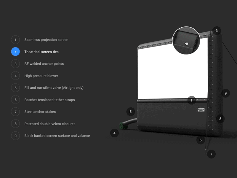 Outdoor Movies—Product Magnifier 3d render airscreen cinema digital cinema hd inflatable magnify magnifying glass minimal motion movie outdoor outdoors product projection projector screen ui webdesign website