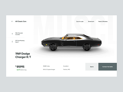 Car Specs - Transition 3d after effects animation car classic clean dodge eccomerce interaction interactive interface micro animation micro interaction minimal transition ux ui vehicle web design website