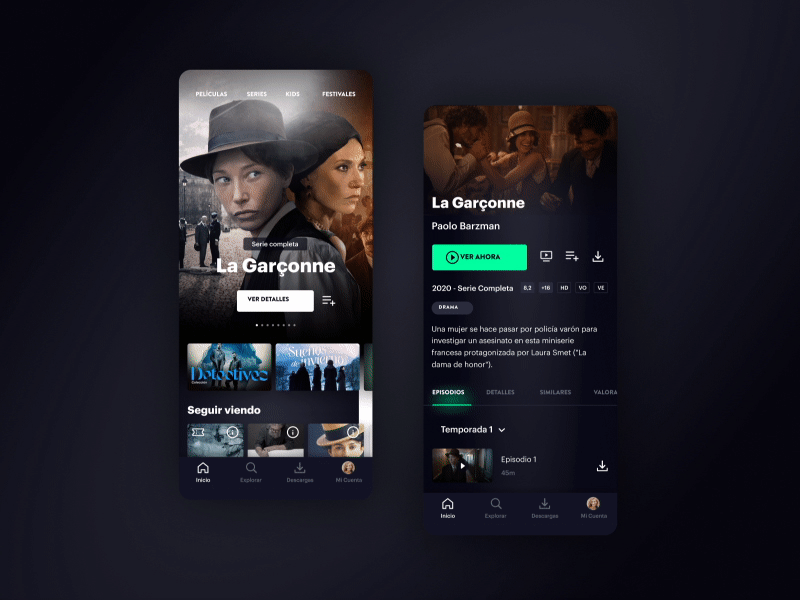 Streaming Movies App: home and detail screens. app black branding cinema design entertainment mobile movie product streaming ui ux