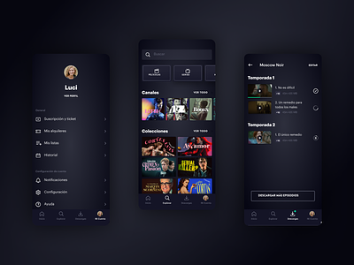 Streaming movies App: account, explore and download screen. app black branding cinema design mobile movie ui ux