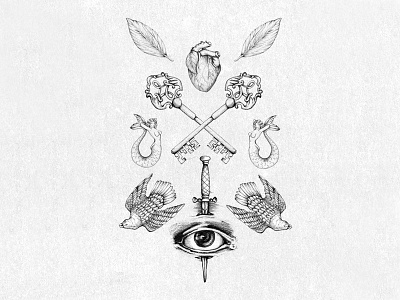 Romantic illustrations art birds dagger eye handmade heart illustration keys tattoo