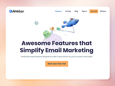 AWeber Features page & 3D Illustration 3d alien aweber design email features page galaxy icon iconography icons illustration mail planet product rocket saas saas design space web design