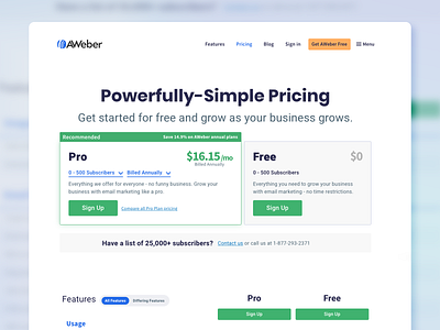 AWeber Pricing Page aweber design email features free marketing price list price table pricing pricing page pricing plan pricing plans pricing table pricing tables product ui web design webdesign website website design